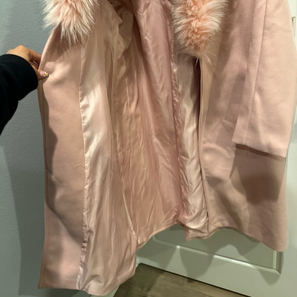 Fur Trim Soft Pink Faux Wool Belted Long Coat - Picture 5 of 6
